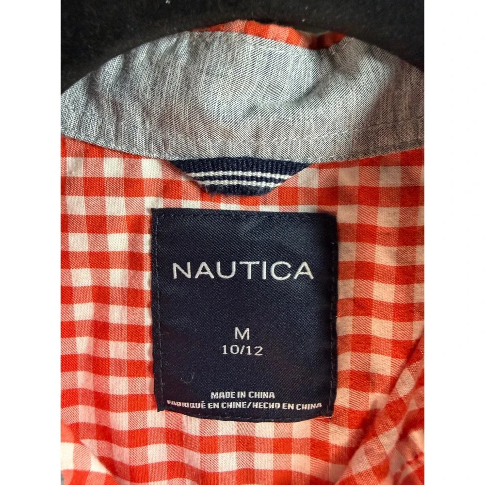 Nautica Boys Red White Gingham Short Sleeve Button‎ Down Shirt Size M 10/12